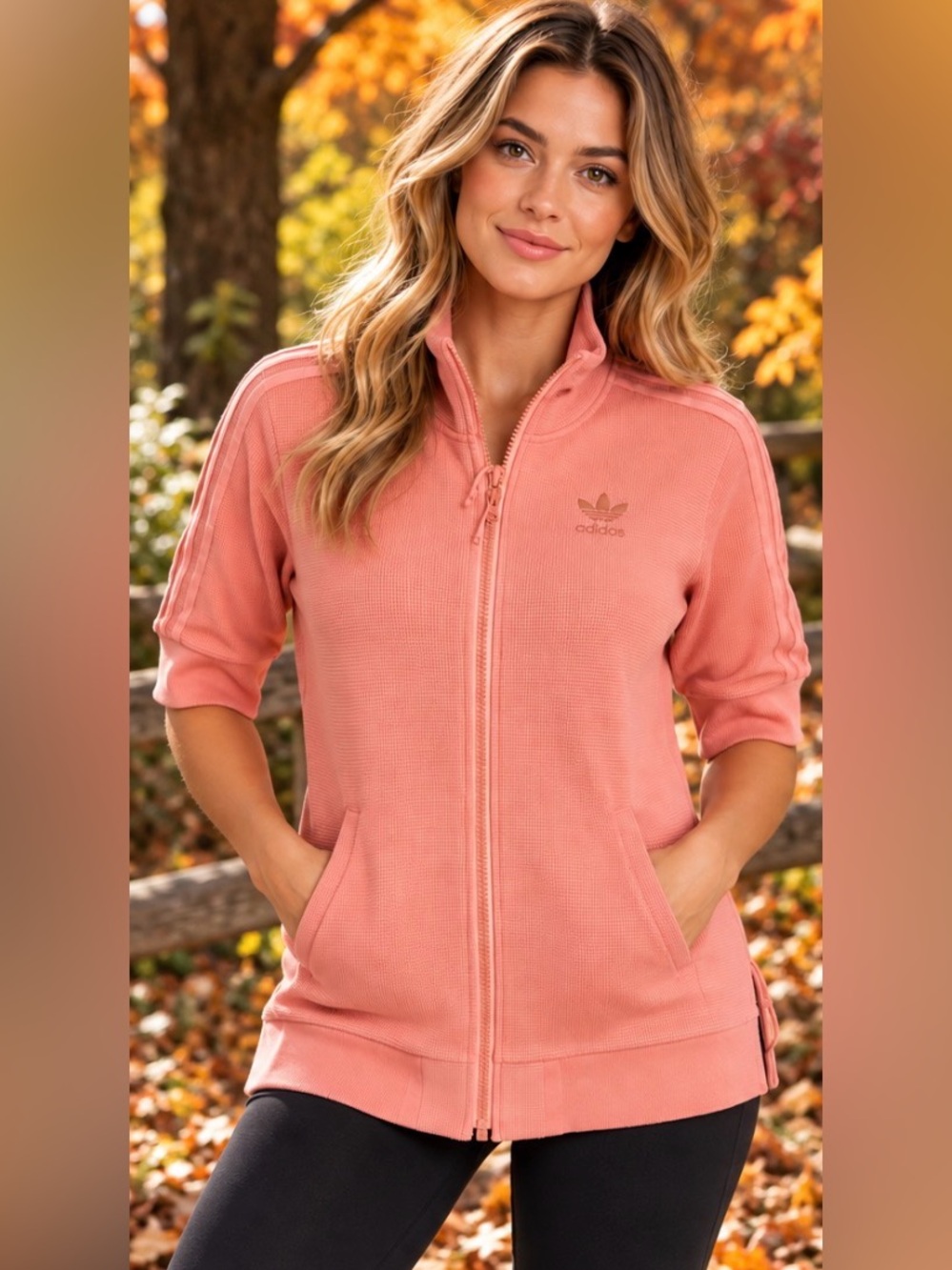 Adidas Originals Women’s XS Coral Pink Thermal Full Zip 3/4 Sleeve Track Jacket.